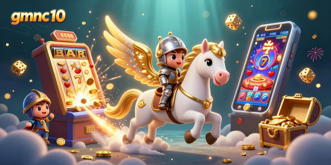 Experience the thrilling slots action of gmnc10 with a dynamic casino-themed illustration.
