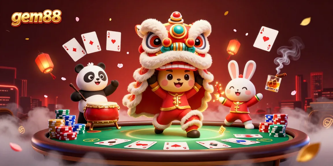 Experience gem88 with a vibrant casino scene; enjoy poker and festive characters.