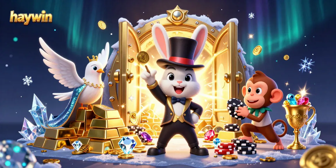 Experience gaming excitement with haywin's vibrant 3D illustration featuring a rabbit magician and shimmering treasures.